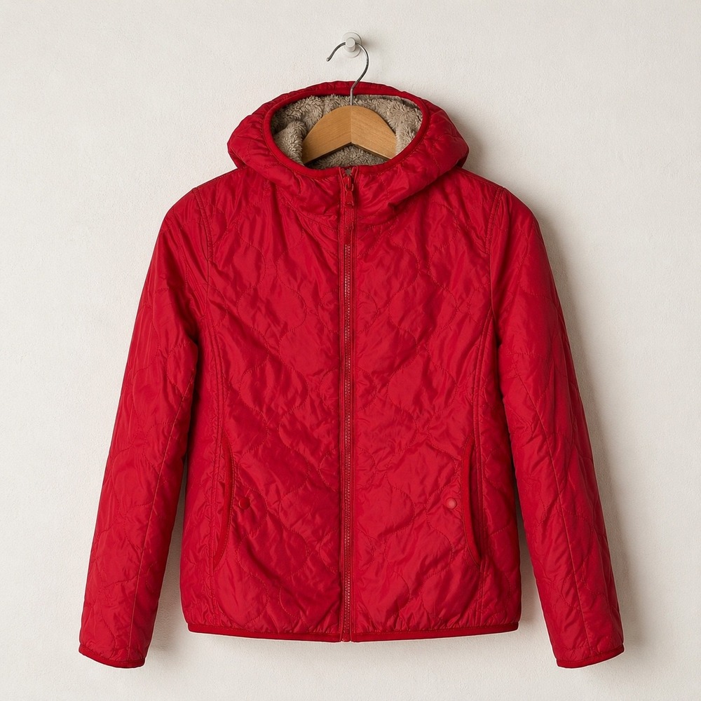 Uniqlo Quilted Puffer Jacket Women Small Red Fleece Lined Hooded Gorpcore